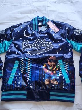 Nostalgia Kids Satin Bomber Jacket in Navy and Teal with Graphic